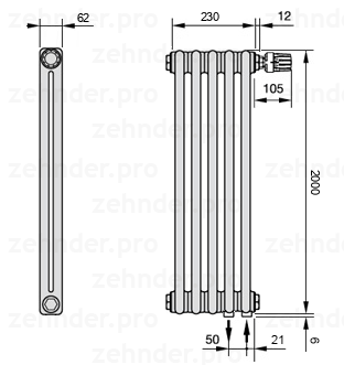 Схема (чертеж) Радиатор Zehnder Charleston 2200/5 №V002 Белый глянцевый RAL 9016